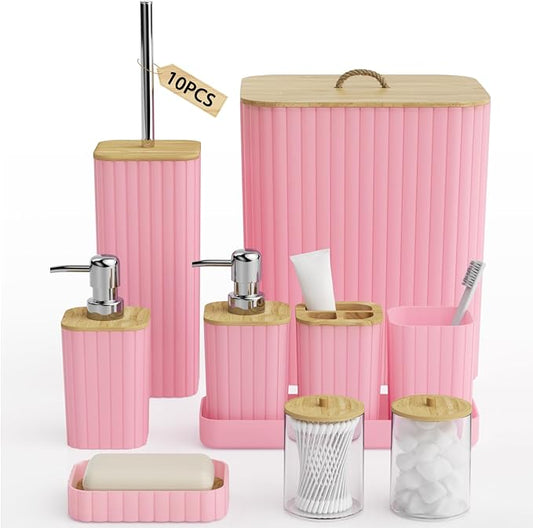 Bathroom Accessories Set - 10PC Bathroom Set, Pink Bathroom Set, Bathroom Accessories Set, Toilet Brush, Bathroom Trash Can & Soap Dispenser