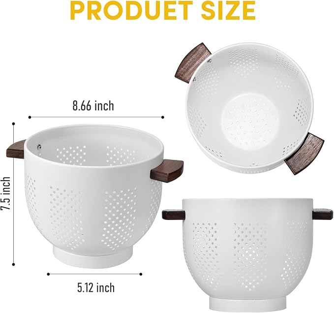 Metal Colander with Wood Handle & Self-Draining Base | 5.8QT Large Pasta Strainer for Kitchen | Scratch-Resistant Powder Coated Steel Basket for Vegetables, Fruit, Berries (White)