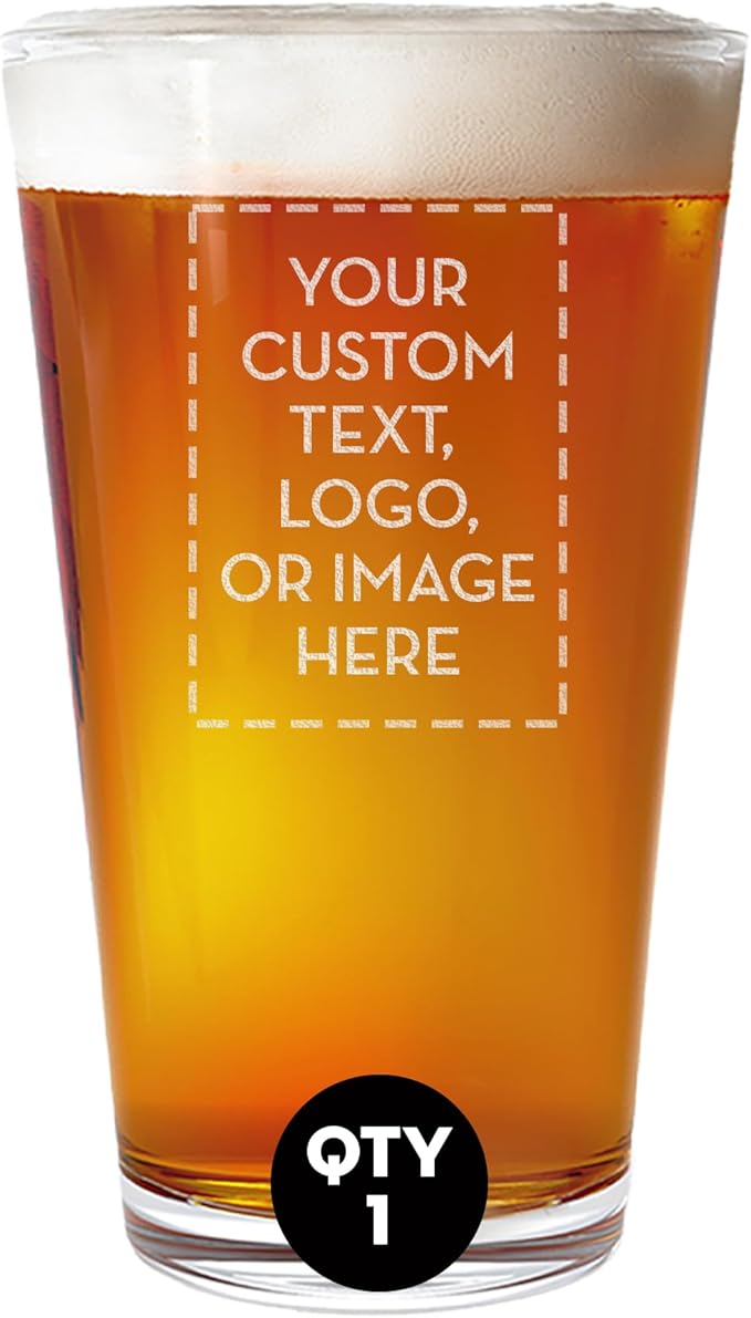 Personalized Pint Beer Glass 16oz – Custom Etched Drinking Glass with Your Logo – Bulk Laser Engraved Promotional Products for Business, Company Branding, Events, Weddings, Party Favors