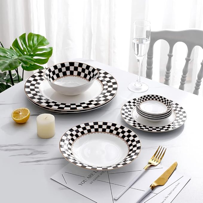 Porlien Checker Pattern 20-piece Round Dinnerware Set for 4, Porcelain Dinner Sets