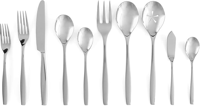 Nambé Aidan 45-Piece Stainless Steel Silverware Set – Forged Cutlery with Rounded Handles & Balanced Weight – Durable, Elegant Flatware for Everyday Dining & Entertaining, Long-Lasting Mirror Finish