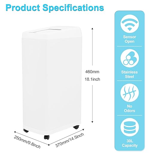 8 Gallon Motion Sensor Trash Can with Roll Lid & Wheels - Automatic Touchless Trashcans for Kitchens, Bedroom, Office Trash Bin (White)