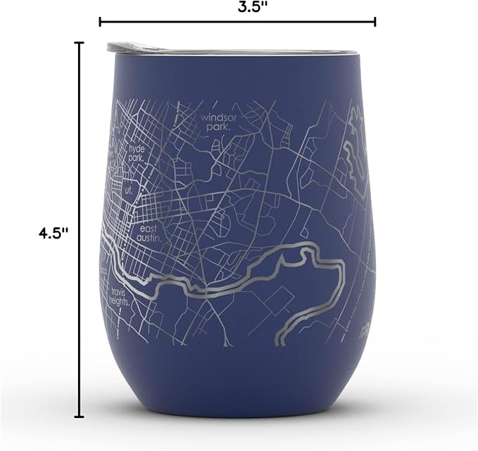 Well Told Engraved Austin Texas Map Insulated Wine Tumbler, Etched Stainless Steel Cup (12 oz, Midnight Blue) City Map Insulated Tumbler, Custom Insulated Tumbler, Outdoor Drinkware