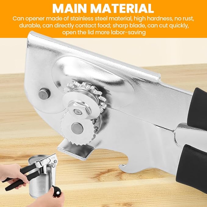 Manual Can Opener, Heavy Duty Ergonomic Design with Folding Crank Handle, Smooth Edge Cutting for Home & Commercial Use, Senior-Friendly, Durable Stainless Steel Construction