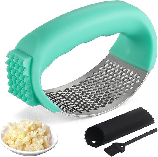 Upgraded Garlic Press Rocker, 2025 New Stainless Steel Garlic Presser, Garlic Mincer Crusher Masher with Peeler and Cleaning Brush, Garlic Chopper for Smash Garlic Kitchen Gadgets Tools (A-GREEN)