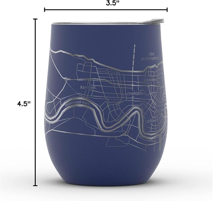 Well Told Engraved New Orleans Louisiana Map Insulated Wine Tumbler, Etched Stainless Steel Cup (12 oz, Midnight Blue) City Map Insulated Tumbler, Custom Insulated Tumbler, Outdoor Drinkware