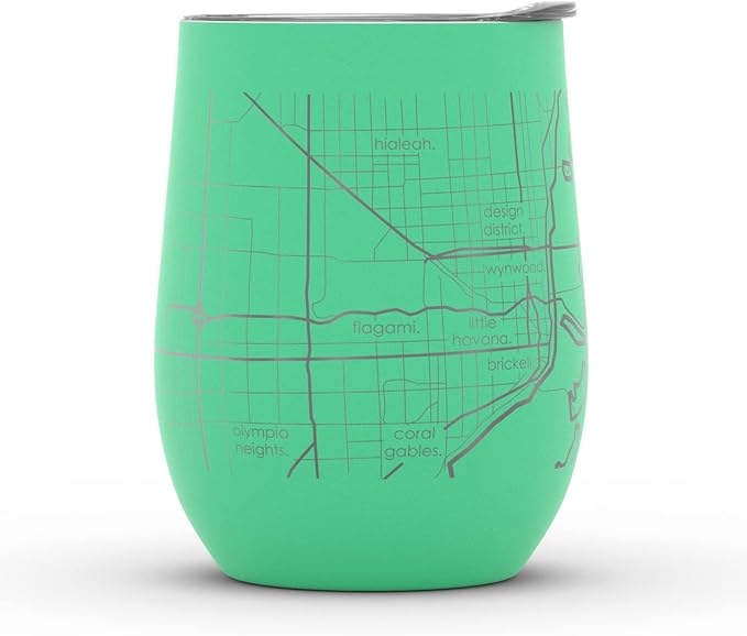 Well Told Engraved Miami Florida Map Insulated Wine Tumbler, Etched Stainless Steel Cup (12 oz, Sunday Green) City Map Insulated Tumbler, Custom Insulated Tumbler, Outdoor Drinkware