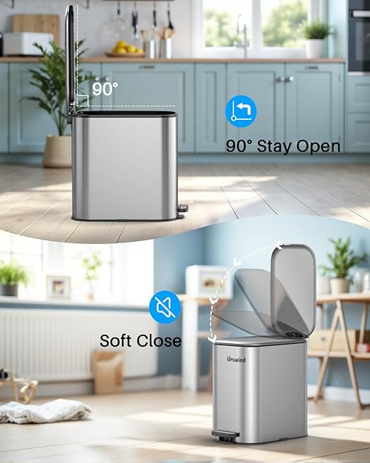 Lovewind Trash Can with Lid, 5.2 Gallon/20 L Footstep Garbage Can for Kitchen Bathroom Bedroom Home Office, 20 Liter Trash Bin Brushed Stainless Steel Waste Bin with Soft-Close Lid, Silver