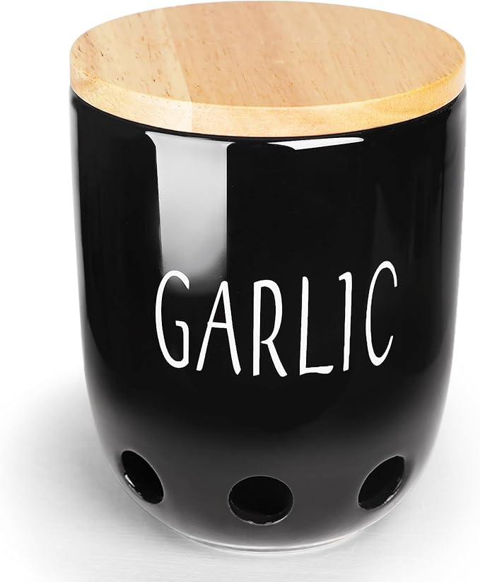 HAOTOP Ceramic Garlic Keeper for Counter, Garlic Saver Container with Wood Lid, Garlic Keeper for Kitchen, Garlic Holder to Keep Your Garlic Cloves Fresh Longer (Black)