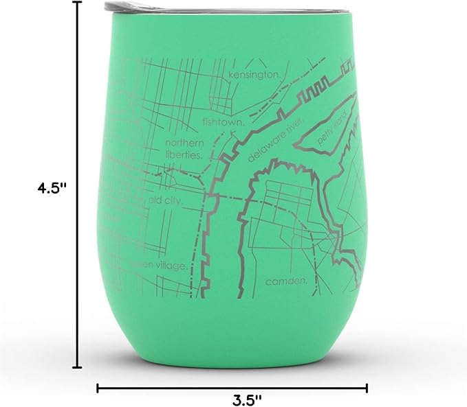 Well Told Engraved Philadelphia Pennsylvania Map Insulated Wine Tumbler, Etched Stainless Steel Cup (12 oz, Sunday Green) City Map Insulated Tumbler, Custom Insulated Tumbler, Outdoor Drinkware
