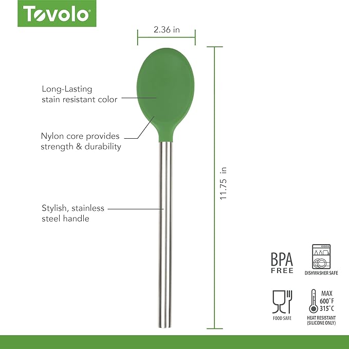 Tovolo Mixing Spoon Stainless Steel Handle Scratch Resistant Non Stick Safe Kitchen Utensil for Cooking Baking Serving Stirring, Heat Resistant Silicone Stirring Spoon with Metal Handle Pesto Green