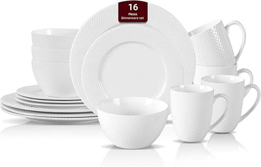 HomeVss, New Bone China Embossed Rain Drops 16pc Dinnerware Set