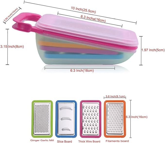 TENTA KITCHEN Stainless Steel Zester Grater, Zest/Slice Citrus & Lemon Cheese Potatoes, Fruit & Vegetables- Non-Slip Rubber Handle (4 in 1,Red)