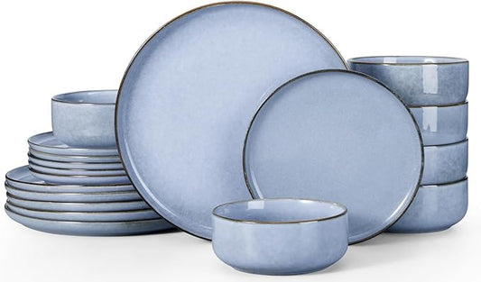 Herogo 18-Piece Stoneware Dinnerware Sets for 6, Stackable Dinner Plates and Bowls Sets, Double Reactive Glaze Dishware Place Setting for Kitchen, Scratch Resistant, Microwave Safe, Haze Blue