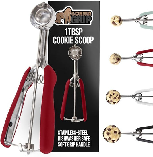 GORILLA GRIP BPA-Free Stainless Steel Cookie Scoop, 1 TBSP Scooper #60, Soft Grip Handle, Easy Food Release, Create Even Portion Sizes, Multipurpose Kitchen Melon Baller, Meatball Spring Scoops, Red