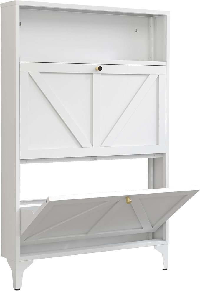 Shoe Cabinet with 2 Flip Drawers, Narrow Shoe Storage Cabinet, Farmhouse Shoe Organizer, Freestanding Organizer with Metal Legs for Entryway, Foyer (2 Door, White)