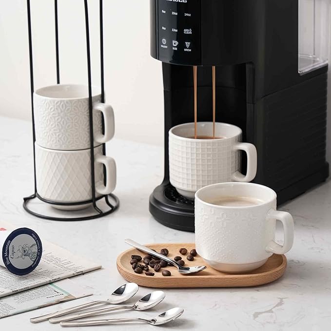 Stackable Coffee Mug Set of 4 with Stand, 10oz Ceramic Cups with Spoons – Ribbed Porcelain Mugs for Tea, Latte, Cappuccino – Microwave & Dishwasher Safe – Gift for Home & Office Use (White)