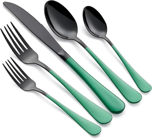 20-Piece Green Silverware Set 18/0 Stainless Steel Silverware Set Green Handle Cutlery Black Set Service for 4 Dinner Knives Forks Spoons Set Flatware SetFinish Dishwasher Safe