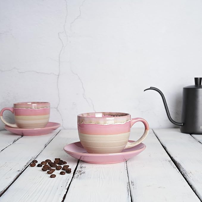 Bosmarlin Ceramic Cappuccino Cup and Saucer Set of 2, 10 Oz, Coffee Cups for Latte, Espresso, Tea, Dishwasher and Microwave Safe, Reavtive Glaze (Pink)