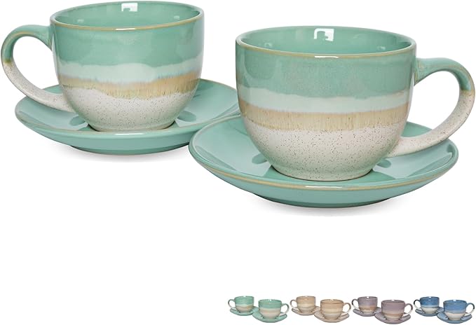 Bosmarlin Ceramic Cappuccino Cup and Saucer Set of 2, 10 Oz, Coffee Cups for Latte, Espresso, Tea, Dishwasher and Microwave Safe (Mint Green)