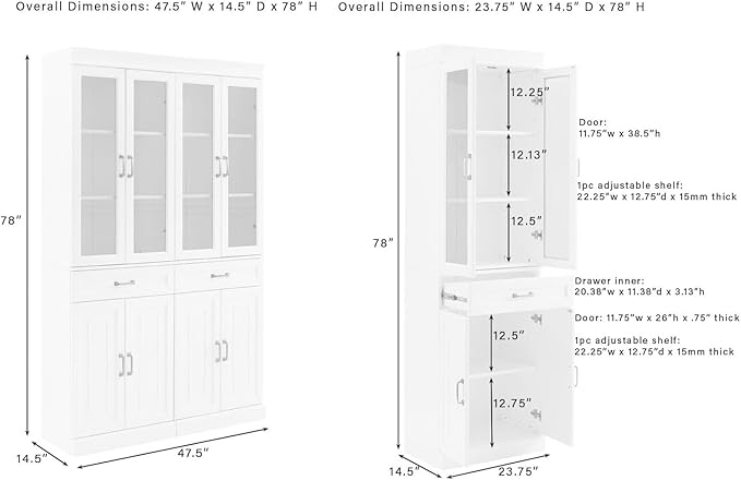 Crosley Furniture Stanton 2-Piece Glass Door Kitchen Storage Pantry Cabinet with Shelves Dining, Laundry Room, White