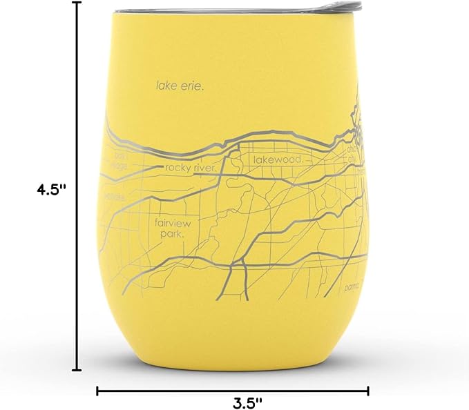 Well Told Engraved Cleveland Ohio Map Insulated Wine Tumbler, Etched Stainless Steel Cup (12 oz, Sunrise Yellow) City Map Insulated Tumbler, Custom Insulated Tumbler, Outdoor Drinkware