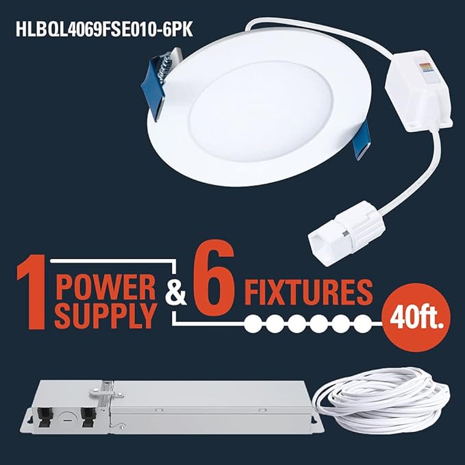 HALO Quicklink 4 Inch Canless Ultra-Thin Recessed Lighting LED Wafer Light for Ceiling and Shower - 6 Pack Starter Kit - 605 Lumens - 5 Selectable Color Temperatures, 0-10V Commercial Dimming