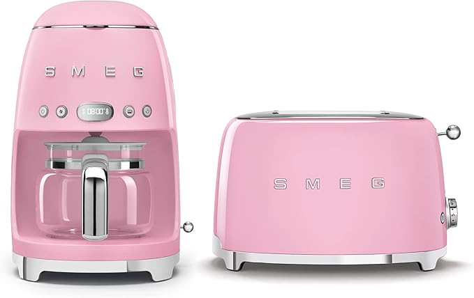 Smeg Retro Drip Coffee Machine and 2-Slice Toaster Bundle… (Pink)