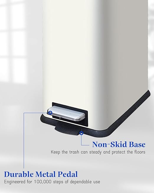 12 Gallon Slim Kitchen Trash Can, Stainless Steel Trash Can with Removal Inner Bucket and Soft-Close Lid, Pedal Garbage Can 45 Liter, White