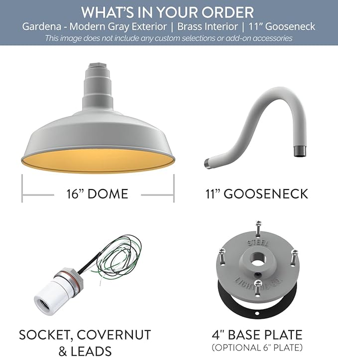 Steel Lighting Co. | Dusk to Dawn | Gardena Barn Light | Outdoor Wall Mounted | 16" Dome | 11" Gooseneck | Farmhouse Light Made in America | Modern Gray/Brass