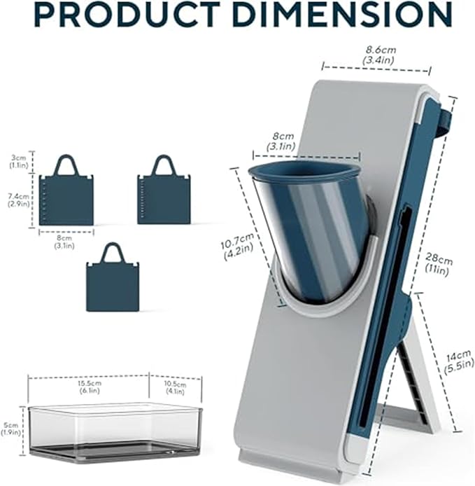 Eletronova Blue Mandoline Slicer, Vegetable Slicer, French Fry Cutter, Stainless Steel Blade, Plastic Body