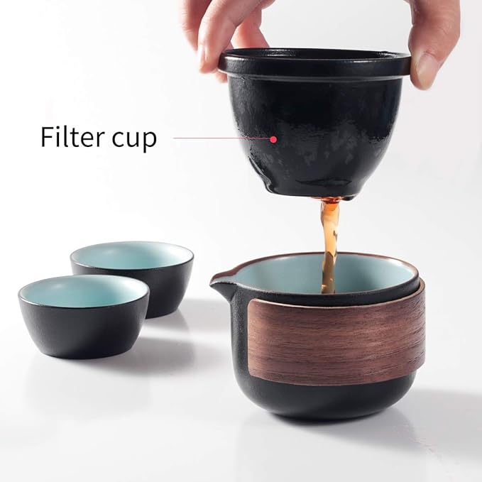 Mini Travel Ceramic Tea Pot Set Chinese Kung Fu Teapot, 1 Pot 2 Cups Porcelain Teacups with Tea Infuser Portable Bag for Outdoor Picnic (Black)