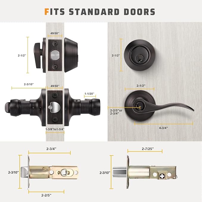 KNOBWELL 4 Pack Keyed Alike Door Lever Handle with Single Cylinder Deadbolt, Oil Rubbed Bronze Exterior Door Knob Lock Set with Deadbolt, Front Door Entry Lever Lockset and Deadbolt Combination Set