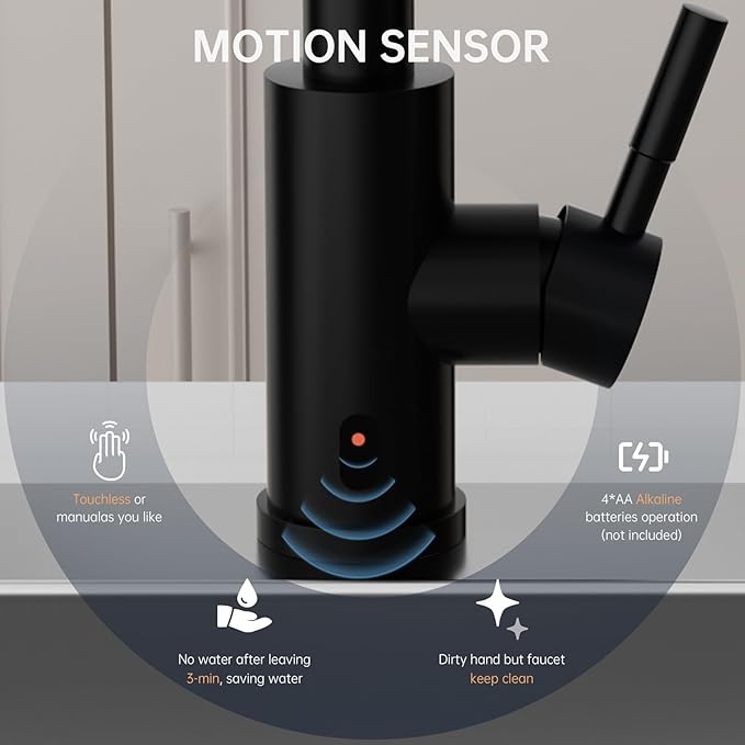 DAYONE Matte Black Touchless Kitchen Sink Faucet with Pull Down Sprayer and Soap Dispenser, Stainless Steel Motion Sensor Touch Faucet for Kitchen Sink Smart Hands-Free Single Handle