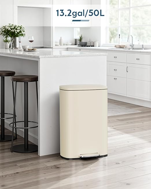 Arlopu 13.2+1.3 Gallon Step Trash Can, Stainless Steel Garbage Bin, Soft-Close Rubbish Bin with Removable Plastic Inner Bucket, Fingerprint-Proof, Lid Dustbin, for Kitchen Home (Beige)