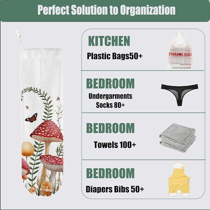 Mushroom Plastic Bag Holder, Wall Mount Plastic Bag Holders for Grocery Bags, Butterfly Large Waterproof Grocery Bags Storage Dispenser for Home Kitchen Pantry Decor, Cute Mushroom Gifts for Women Mom