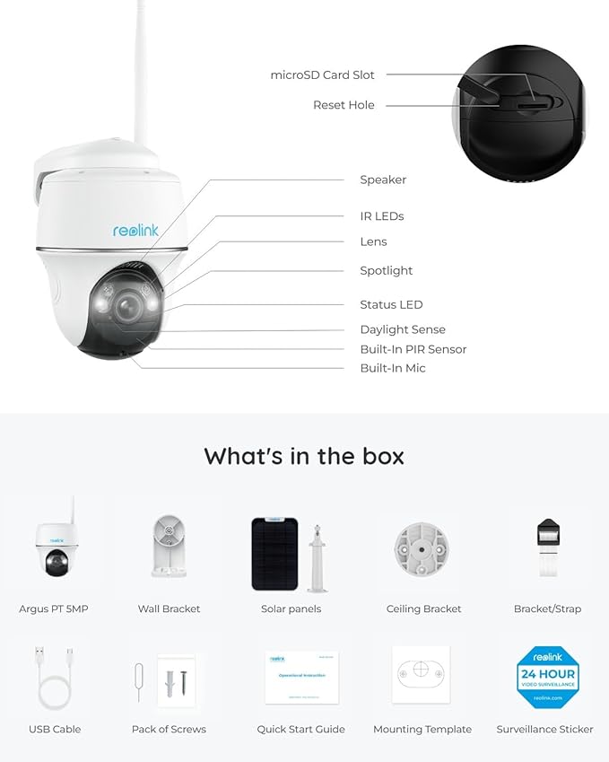 REOLINK Security Camera Wireless Outdoor, Pan Tilt Solar Powered, 5MP 2K+ Color Night Vision, 2.4/5GHz WiFi, Cameras for Home Security, Works with Home Hub, Argus PT + Solar Panel