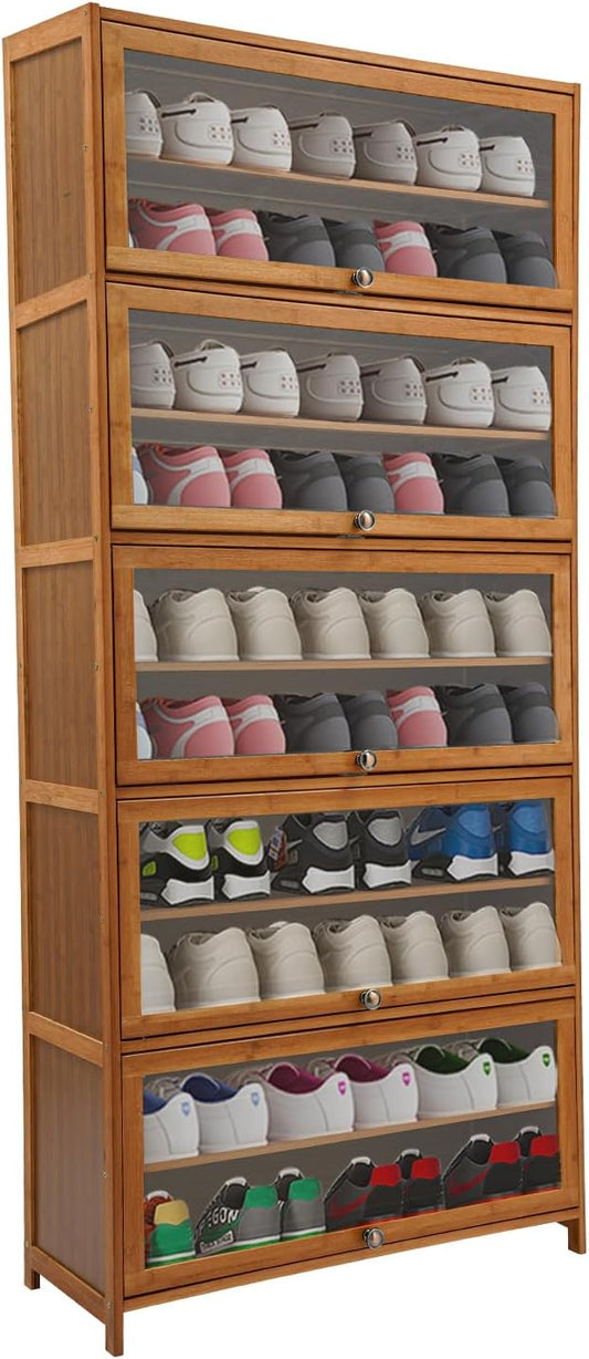 11Tier Bamboo Shoe Cabinet Shoe Storage Cabinet with Doors Freestanding Bamboo Shoe Rack Organizer with Shelves Tall Shoe Cabinet with Clear Doors for Entryway, Hallway, Closet, Living Room