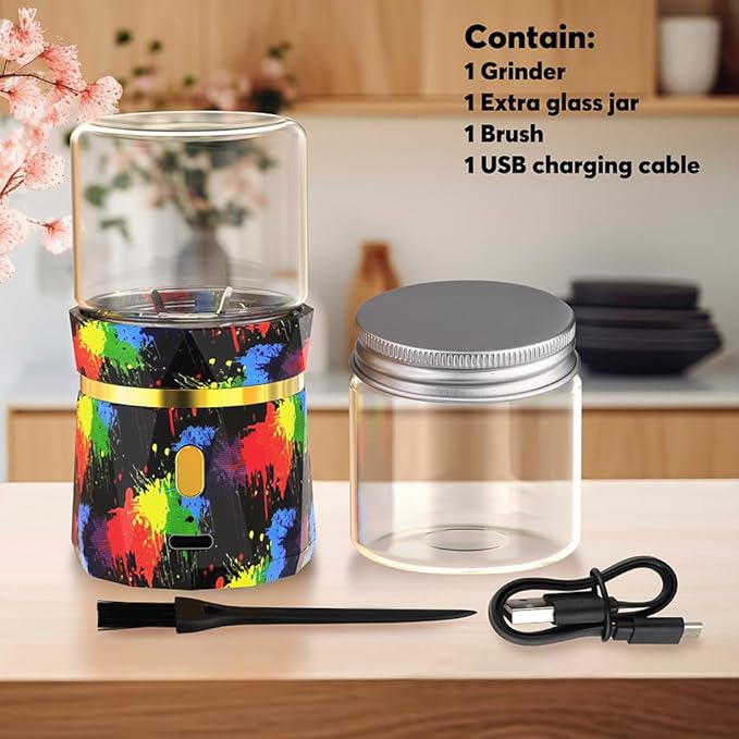 Electric Grinder, Small Spice Grinder Electric Grinders Mini Size 2inx3.5inches with 2pcs 1.7oz/50ml Glass Jar Rechargeable Automatic Small Grinder