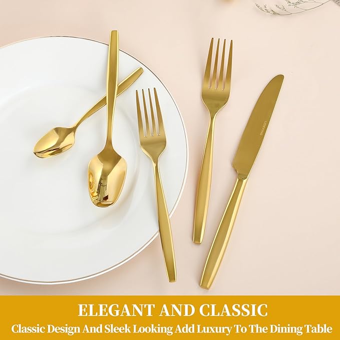 Gold 20-Piece Silverware Set,Stainless Steel Flatware Utensils Cutlery Set for 4,Including Steak Knife Fork and Spoon,Dishwasher Safe,Modern Tableware for Home & Dining