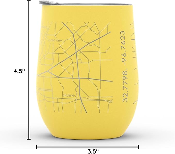Well Told Engraved Dallas Texas Map Insulated Wine Tumbler, Etched Stainless Steel Cup (12 oz, Sunrise Yellow) City Map Insulated Tumbler, Custom Insulated Tumbler, Outdoor Drinkware