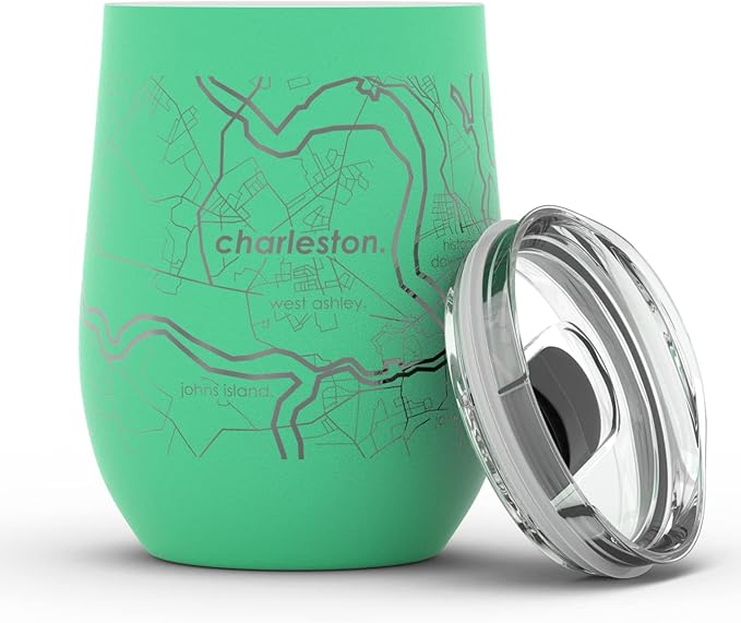 Well Told Engraved Charleston South Carolina Map Insulated Wine Tumbler, Etched Stainless Steel Cup (12 oz, Sunday Green) City Map Insulated Tumbler, Custom Insulated Tumbler, Outdoor Drinkware