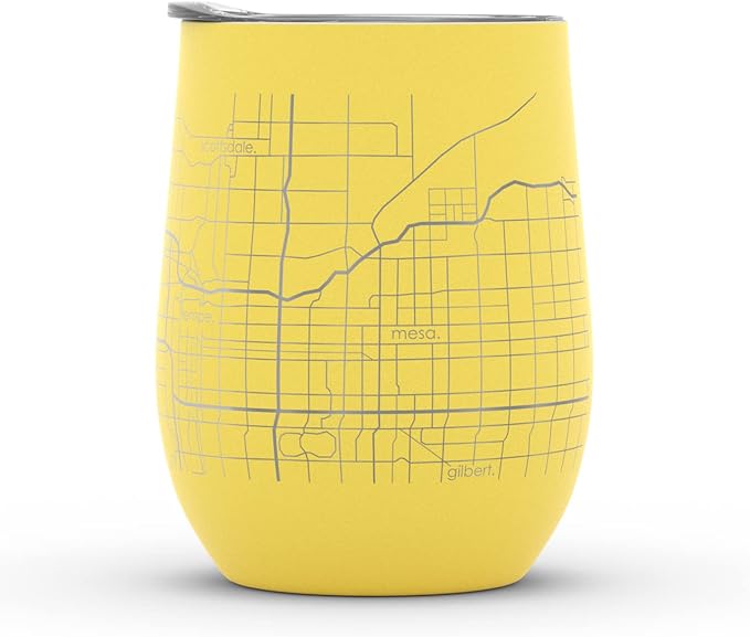 Well Told Engraved Phoenix Arizona Map Insulated Wine Tumbler, Etched Stainless Steel Cup (12 oz, Sunrise Yellow) City Map Insulated Tumbler, Custom Insulated Tumbler, Outdoor Drinkware