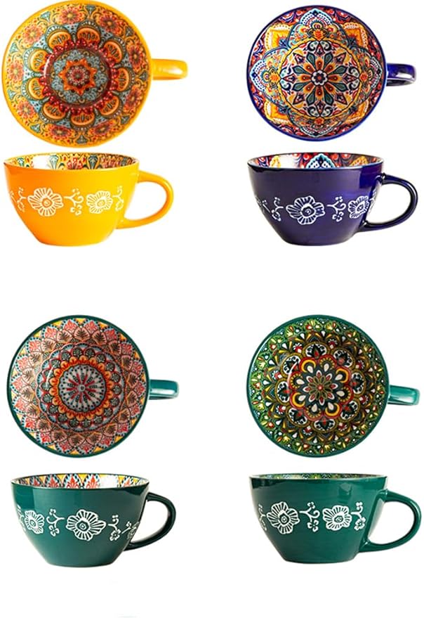 Bohemian Hand-Painted Ceramic Mug, 15 Oz Large Coffee Cup for Milk, Tea, and Breakfast, Dishwasher & Microwave Safe Artisan Cup, Navy Blue