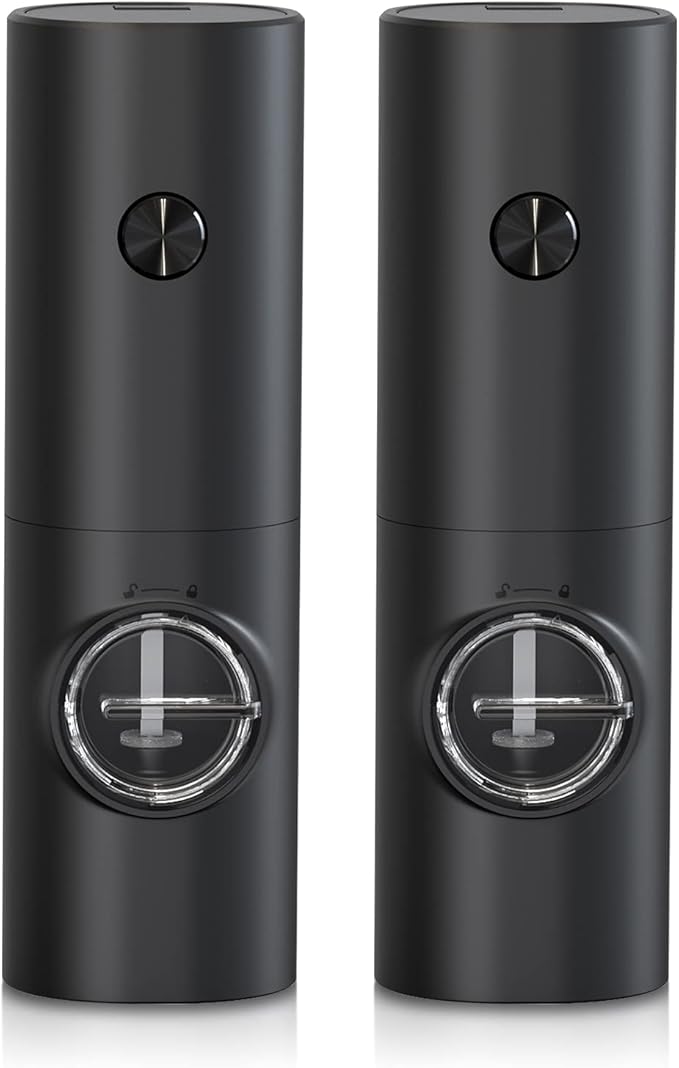 MAEXUS Electric Salt and Pepper Grinder Set, Battery Powered Automatic Pepper&Salt Mill Grinder, LED Light, Adjustable Coarseness (2 Pack)
