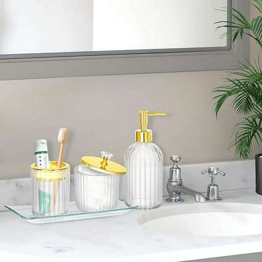 Bathroom Accessories Set, 4Pcs Clear and Gold Glass Bathroom Accessories Sets Complete w/Lotion Soap Dispenser, Toothbrush Holder, Apothecary Jar, Vanity Tray, Bathroom Decor