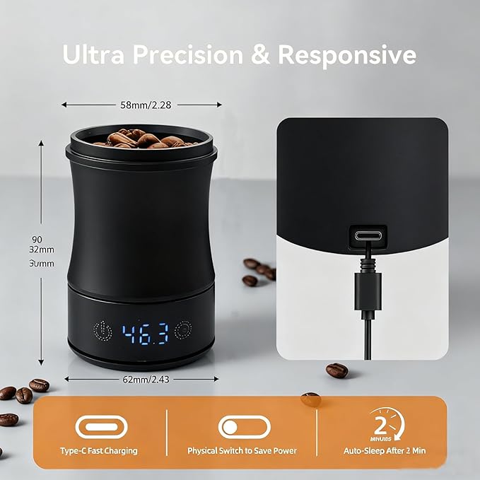 Digital Coffee Scale with Dosing Cup 2-in-1, 0.1g Precision USB-C Rechargeable Espresso Scale, IPX4 Waterproof, Multi-Purpose for 58mm Espresso Machines, Drip, French Press