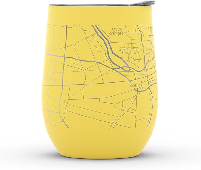 Well Told Engraved Columbus Ohio Map Insulated Wine Tumbler, Etched Stainless Steel Cup (12 oz, Sunrise Yellow) City Map Insulated Tumbler, Custom Insulated Tumbler, Outdoor Drinkware