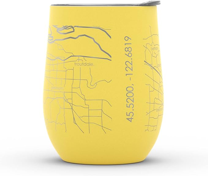 Well Told Engraved Portland Oregon Map Insulated Wine Tumbler, Etched Stainless Steel Cup (12 oz, Sunrise Yellow) City Map Insulated Tumbler, Custom Insulated Tumbler, Outdoor Drinkware
