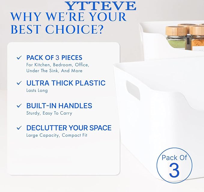 large- 3 pack White Plastic Storage Bins for Shelves, Closet Kitchen Storage Containers for Pantry Bathroom Office Organization Baskets, Cabinet Organizing Containers, White Organizer Bins for Shelves